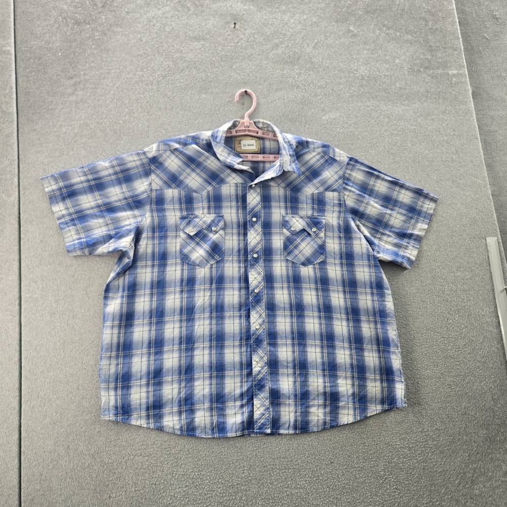 Wrangler Men Button Up Shirt 3XL Blue Plaid Western Pearl Snap Short Sleeve